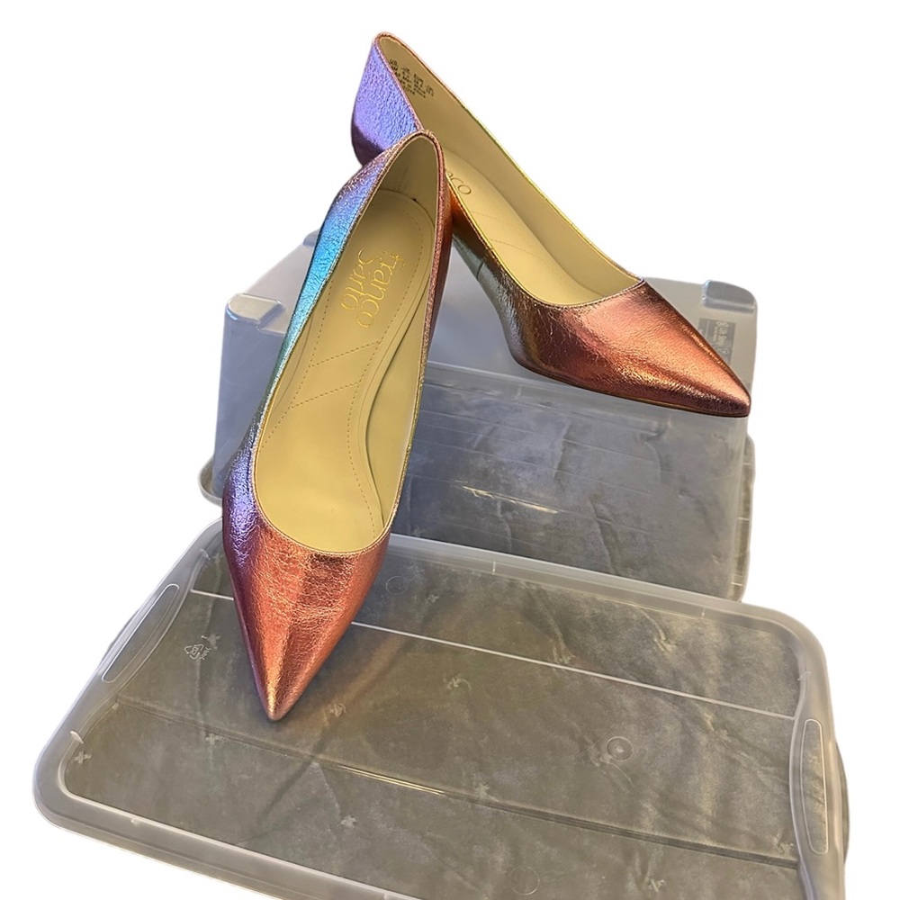 Franco Sarto Pink, Green and Yellow Metallic Pump, 2-3/4 inch heel.